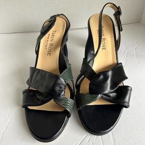 Taryn Rose Black Green Leather Sling Back Sandals Women's Size 38 (US Size 8M)
